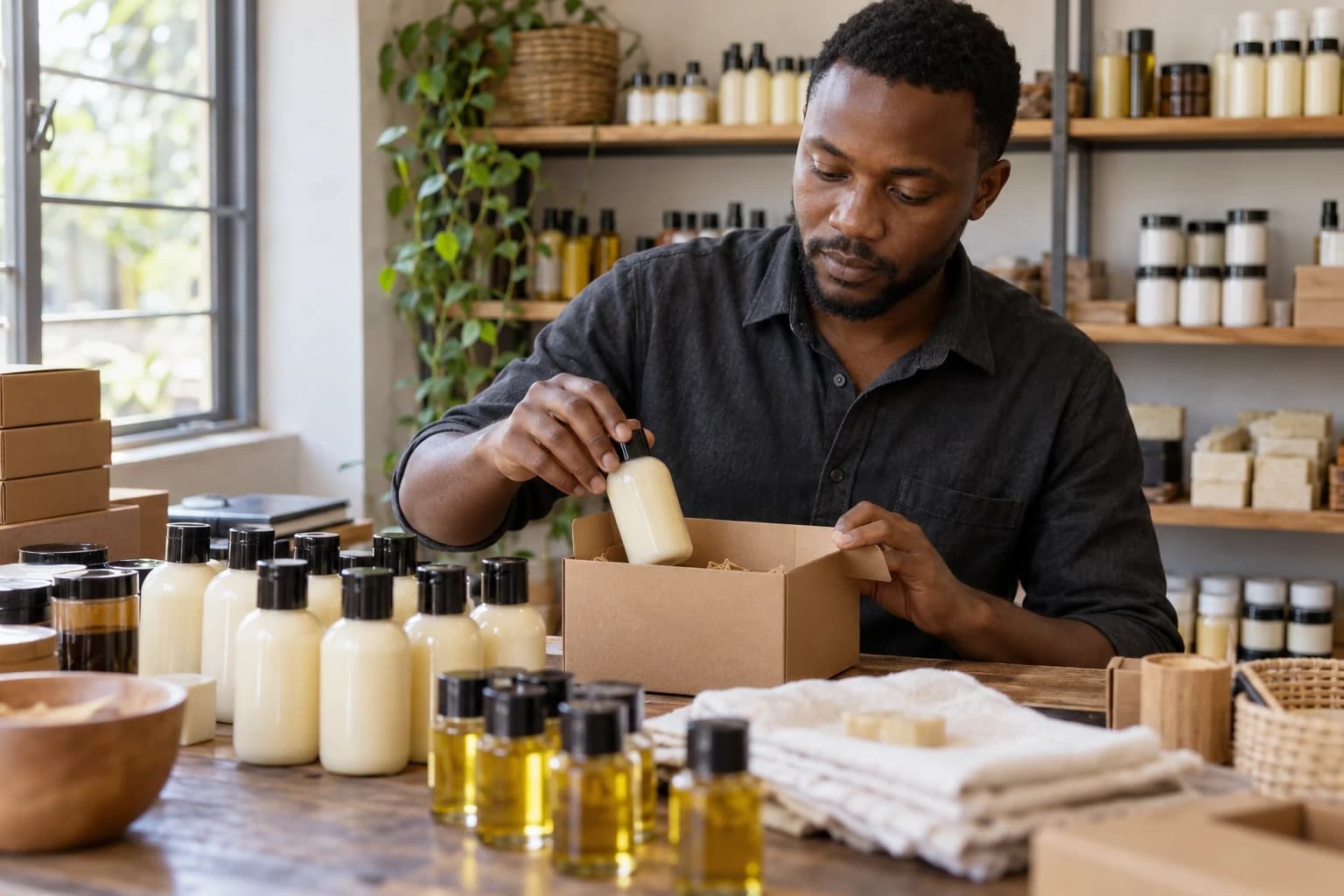 A maker packing bottles of his product into a box